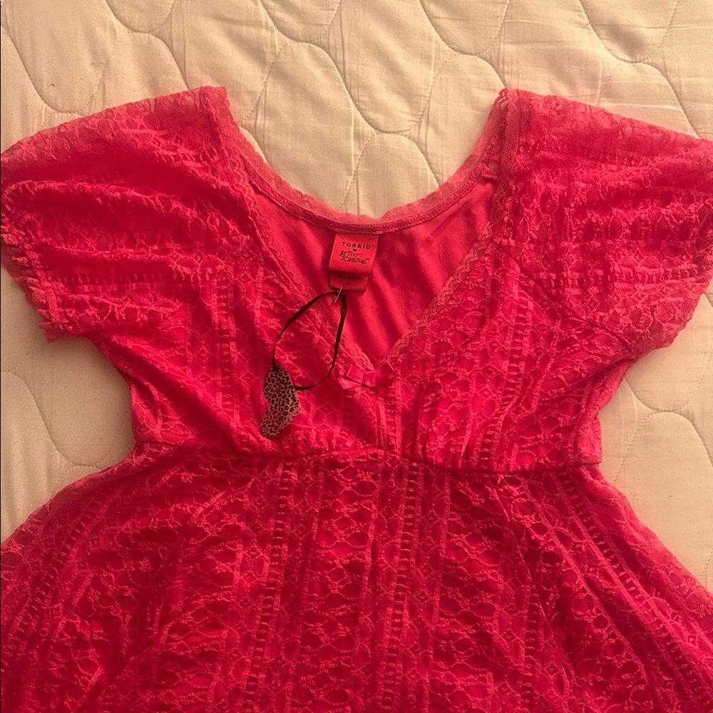 Betsey Johnson Torrid Hot Pink Lace Puff Sleeve Babydoll Dress
